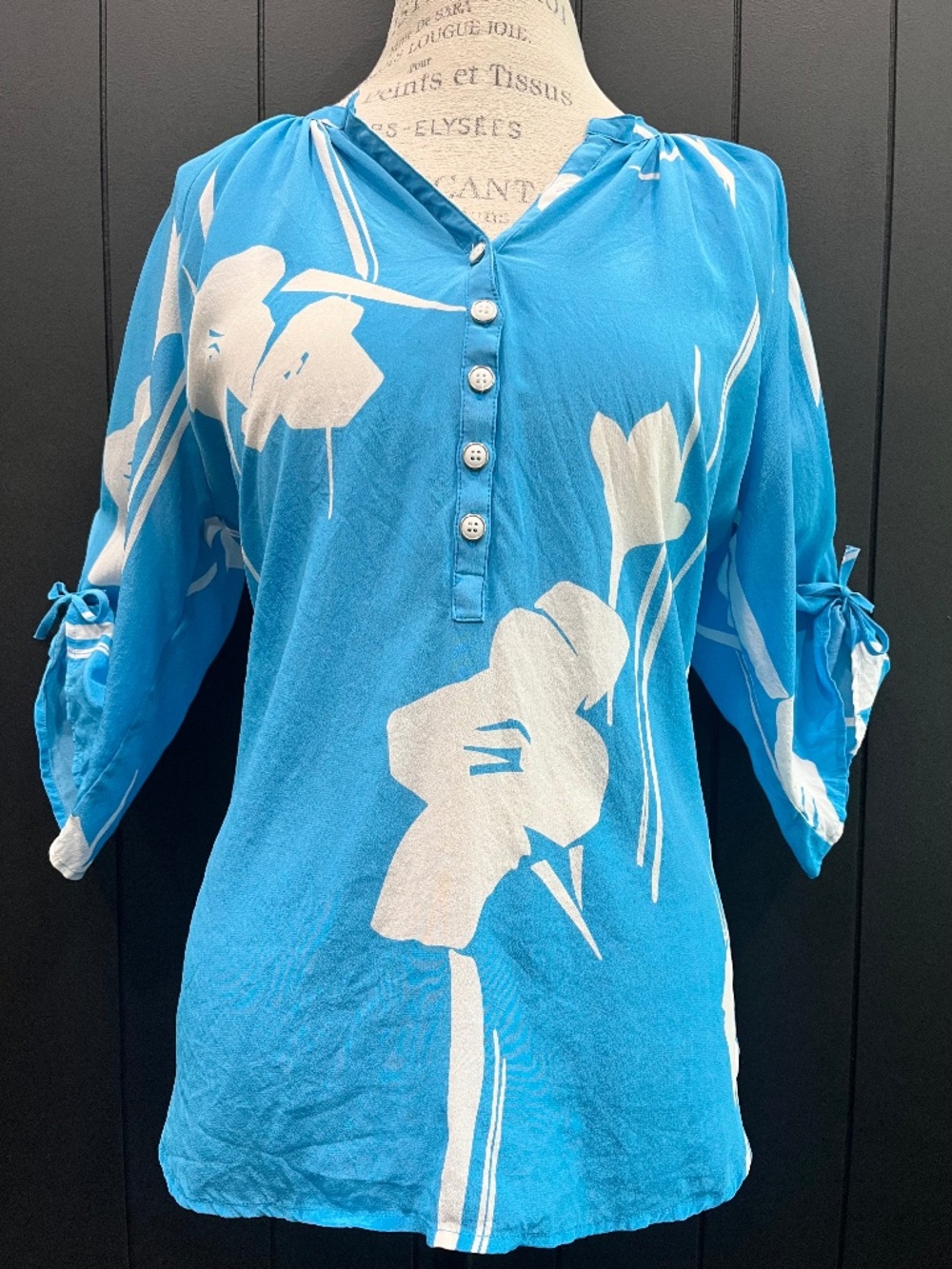Yumi Kim-Women's- Flowy Feminine Turquoise Floral Silk Blouse-Size L